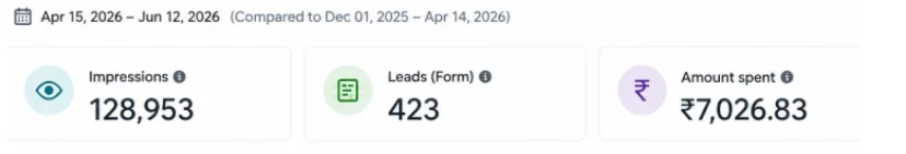 Google Ads lead generation performance showing 423 leads