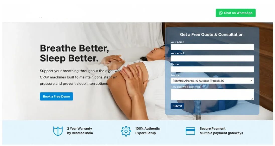 CPAP machine landing page showing the free quote form, ResMed and Philips product carousel, trust signals and WhatsApp call to action