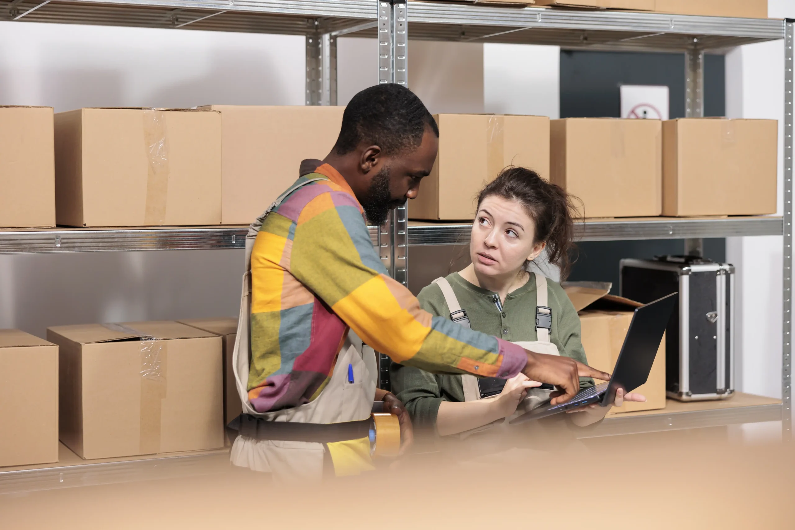 Stockroom supervisor packing parcels in a warehouse fulfilment centre