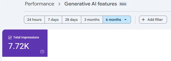 GSC Generative AI Features: 7.72K total AI impressions over 6 months growing AI search visibility.