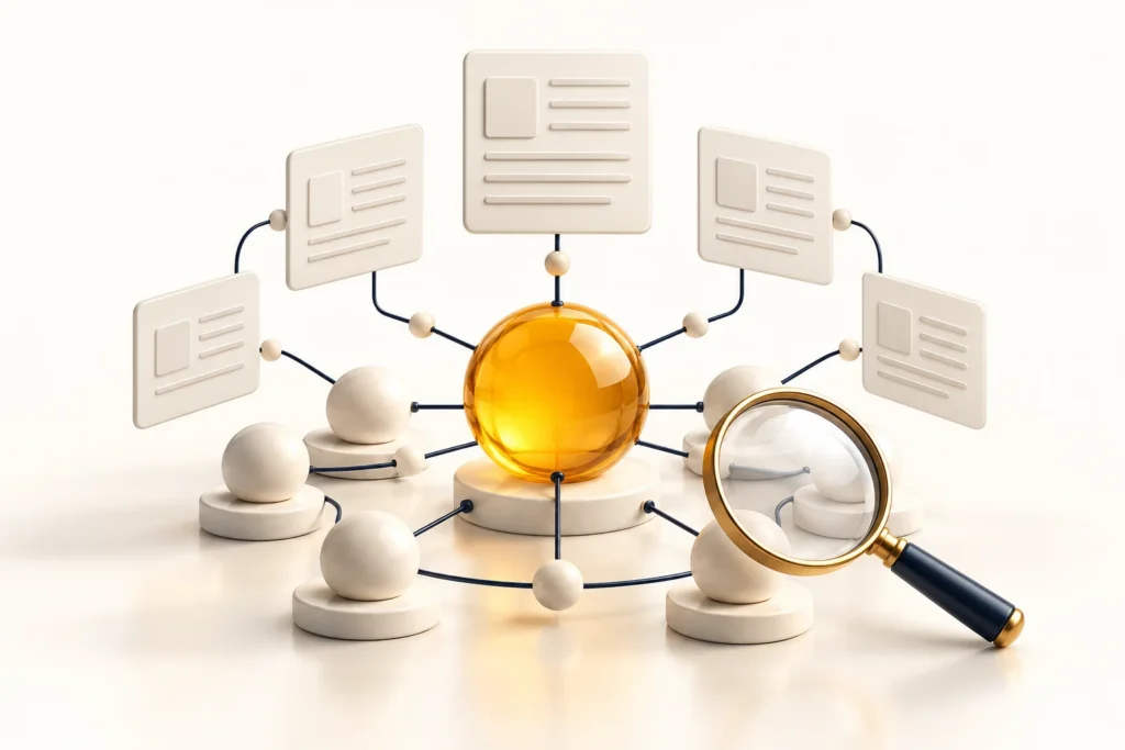 Connected documents and knowledge nodes illustrating structured information.