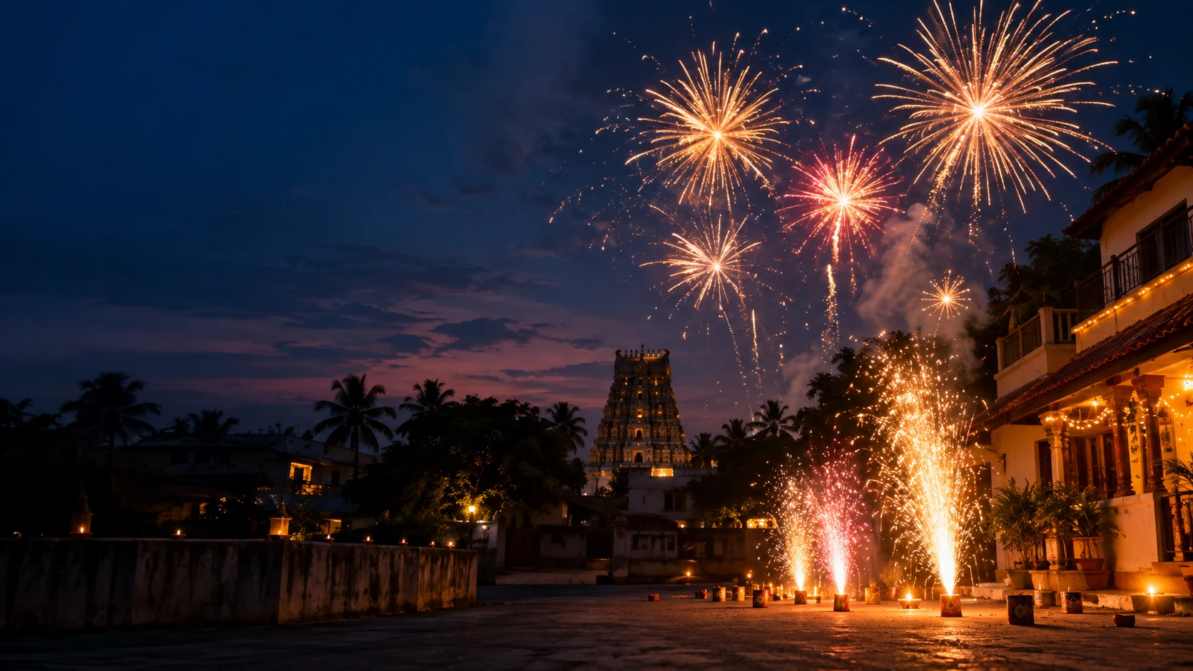 Fireworks celebration at dusk in Tamil Nadu
