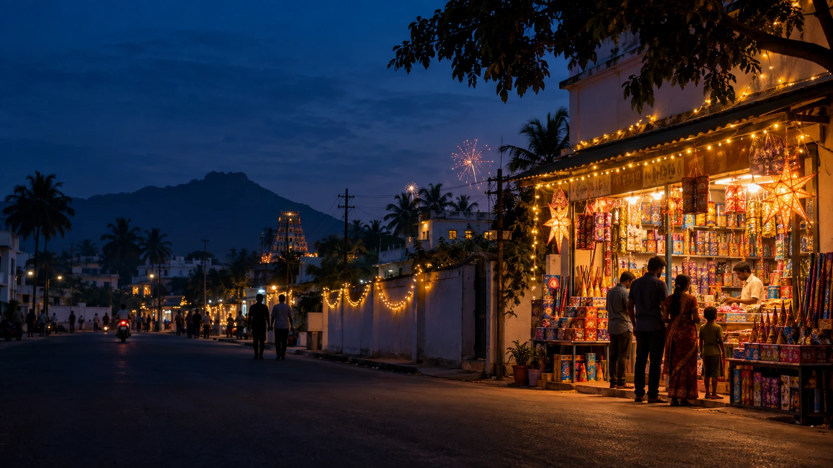 Festive local fireworks retail shop in South Tamil Nadu