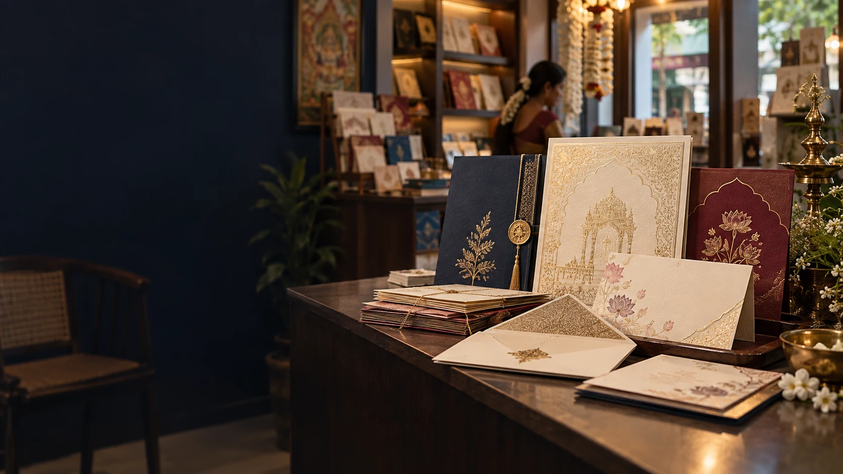 Custom wedding invitation cards and stationery displayed in a local shop