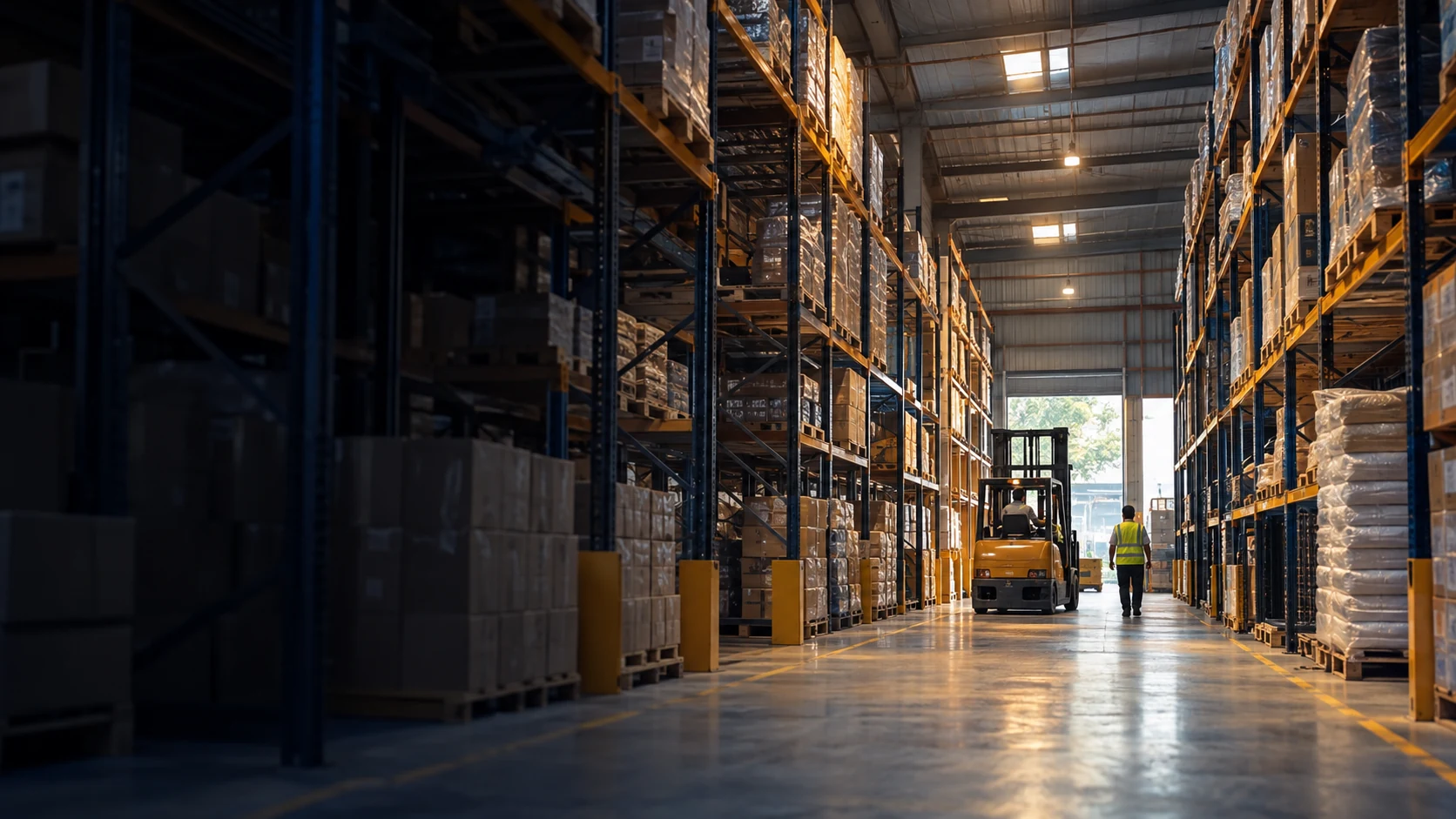 Modern warehouse aisle with storage racks, forklift, and worker